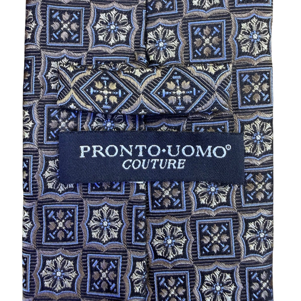 Pronto Uomo Men’s Blue & Gold Silk Geometric Pattern Handmade Neck Tie
