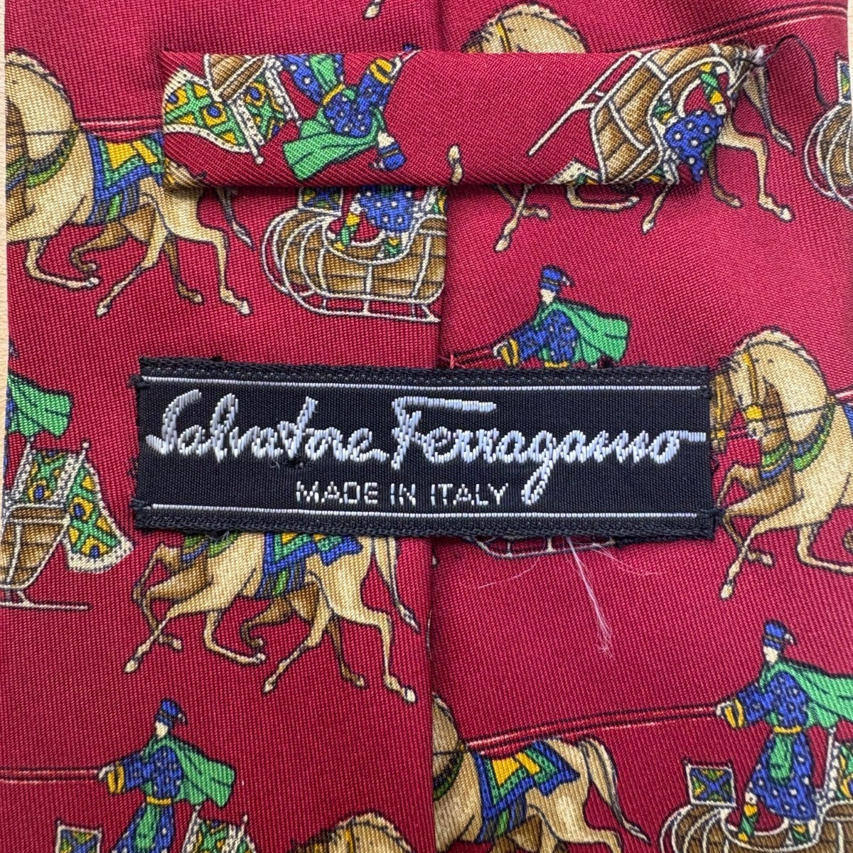 Salvatore Ferragamo Mens Red Silk Tie With Horse & Carriage Print