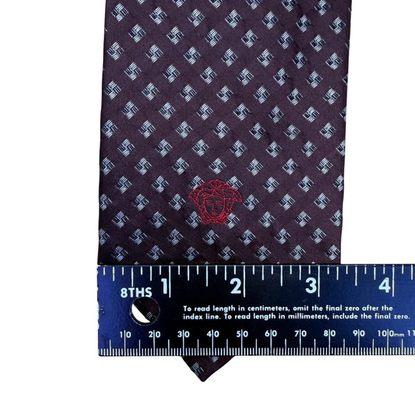 Mens Purple Silk Geometric Pattern Tie With Medusa Logo