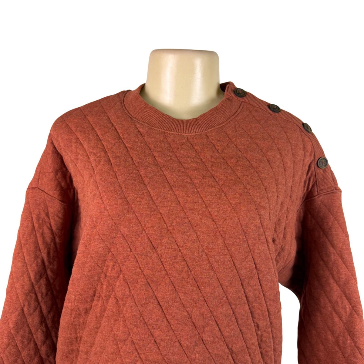 Orvis Womens Rust Quilted Crew Neck Pullover Sweatshirt W/ Button Detail Sz S