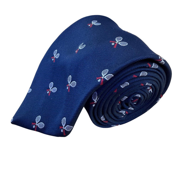 Raleigh Mens Navy Polyester Tie Tennis Racket Embroidered Pattern Club Style