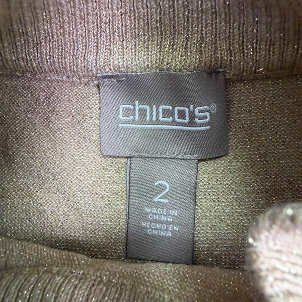 Chicos Womens Gold Metallic Knit Mock Neck Sweater Long Sleeve Classic Fit Sz 2