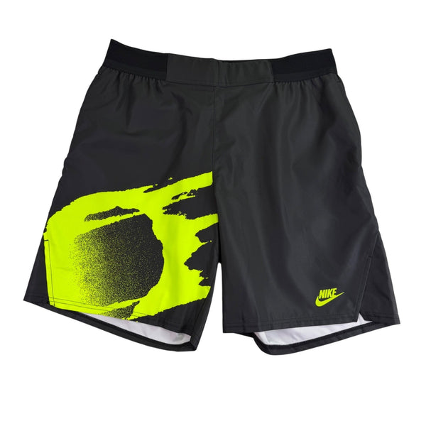 Nike Mens Grey Tennis Shorts With Neon Yellow Graphic Dri-Fit Standard Fit Sz L