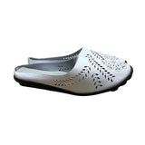 Women’s White Faux Leather Cut Out Floral Design Black Soles Slip-On Shoes Sz 37
