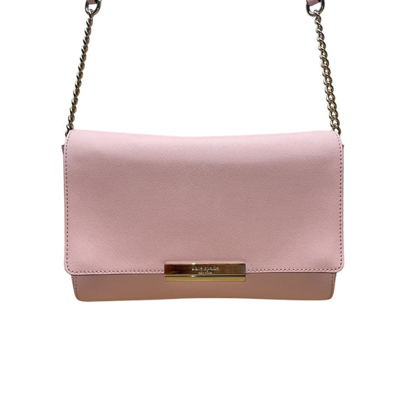 Kate Spade Women’s Pink Saffiano Leather Gold Chain Strap Flap Shoulder Bag