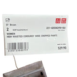 Uniqlo Women Brown Cotton Corduroy High-Waisted Wide Cropped Pants Size 2