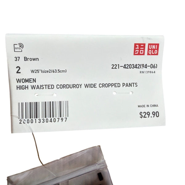 Uniqlo Women Brown Cotton Corduroy High-Waisted Wide Cropped Pants Size 2