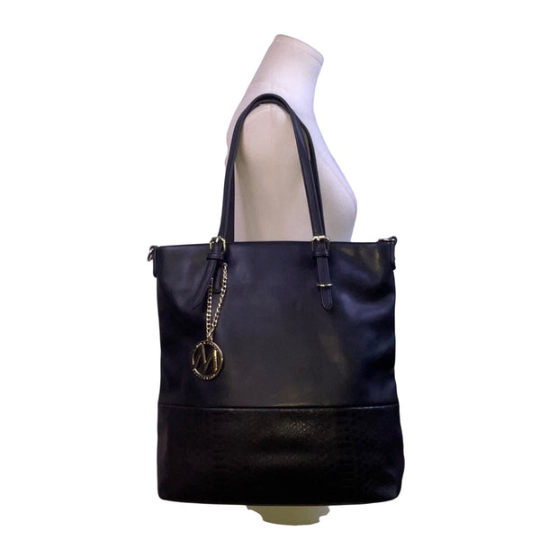 Mia K Farrow Women’s Black Faux Leather Gold Accents Zipper Pockets Tote Bag