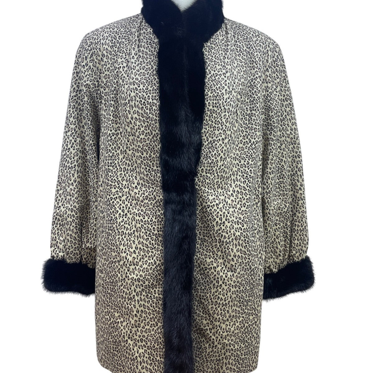 Silverman Furs Womens Black Mink Trim Leopard Print Coat Elegant Outerwear