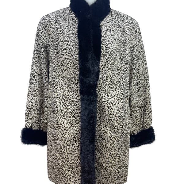 Silverman Furs Womens Black Mink Trim Leopard Print Coat Elegant Outerwear