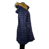 Guess Womens Navy Puffer Coat Faux Fur Hood Quilted Design Knee-Length Sz L