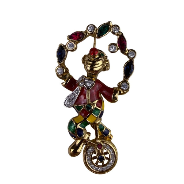 ARS Vintage Multicolor Gold Tone Clown Brooch With Rhinestones & Enamel