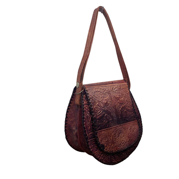 Women’s Brown Elephant & Tree Embossed Leather Shoulder Saddle Bag