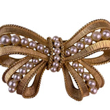 Vintage Trifari Womens Gold Tone Faux Pearl Ribbon Brooch Pin Bow Design