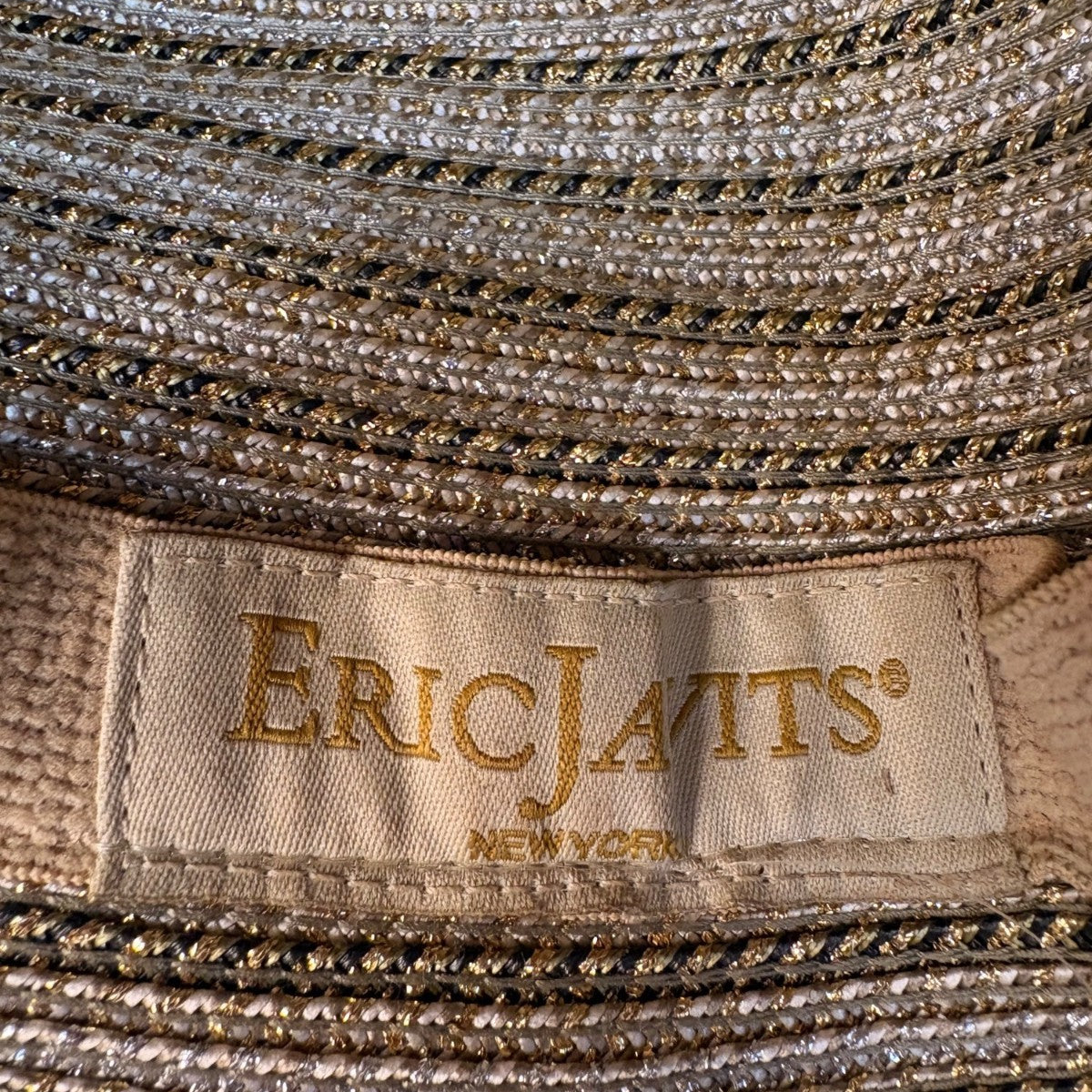 Eric Javits Womens Gold Wide Brim Sun Hat Lightweight Metallic Straw Blend
