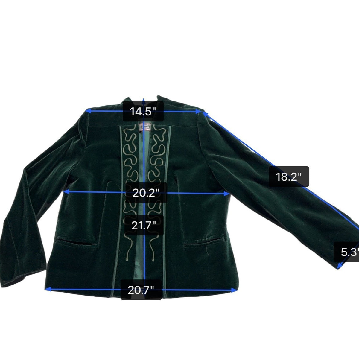 Galerias Preciados Womens Green Velvet Embroidered Open Front Blazer Sz 46