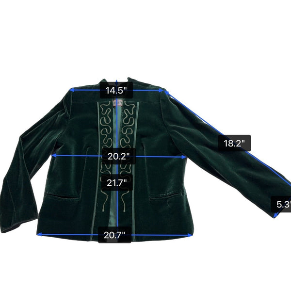 Galerias Preciados Womens Green Velvet Embroidered Open Front Blazer Sz 46