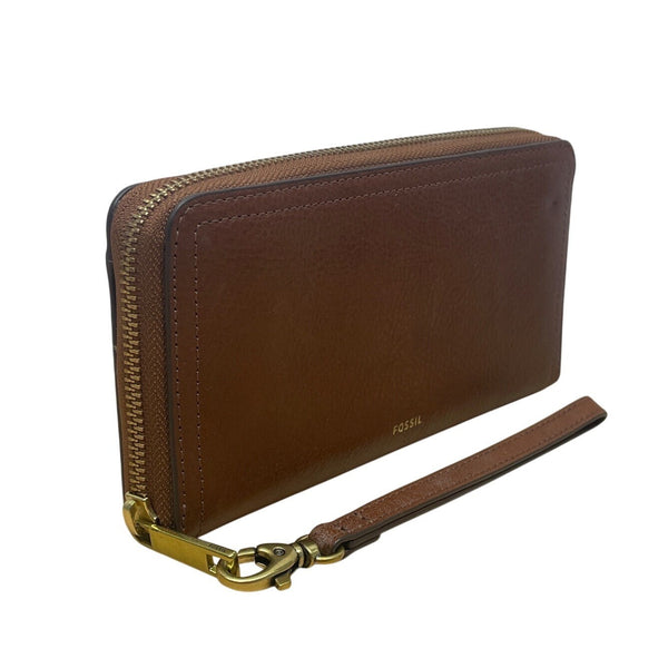 Fossil Brown Leather Zippered RFID Card Slots Coin Pocket Wristlet Wallet Size M