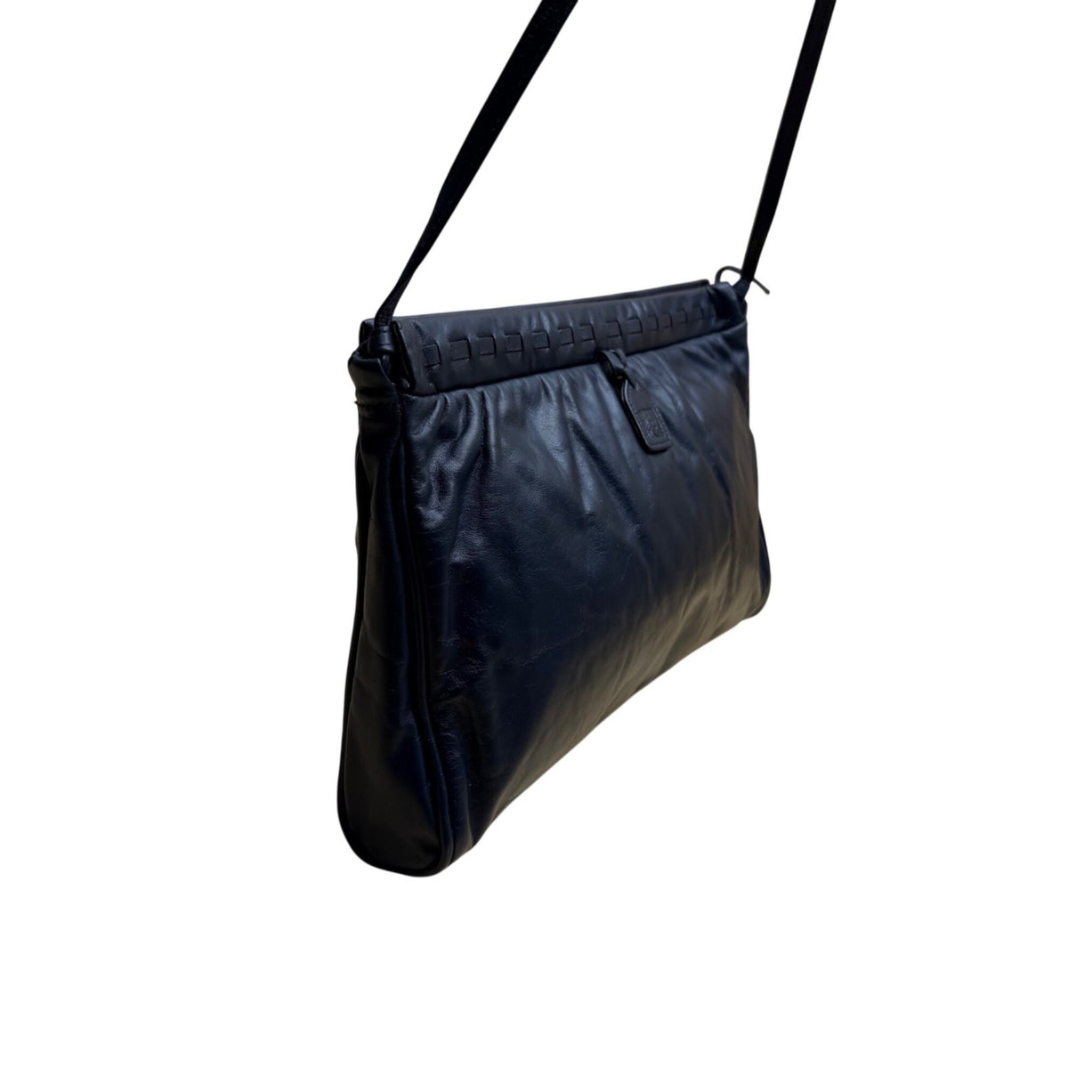 Anne Klein Women’s Dark Blue Leather Soft Woven Detail Logo Tag Shoulder Bag