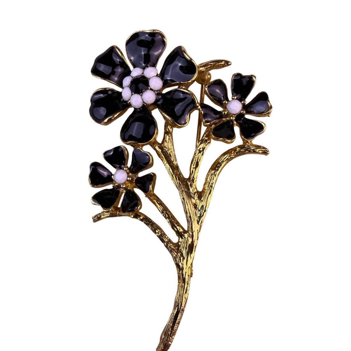 Catherine Stein Women Gold Tone Black Enamel Flower Bouquet Pin Brooch In Box