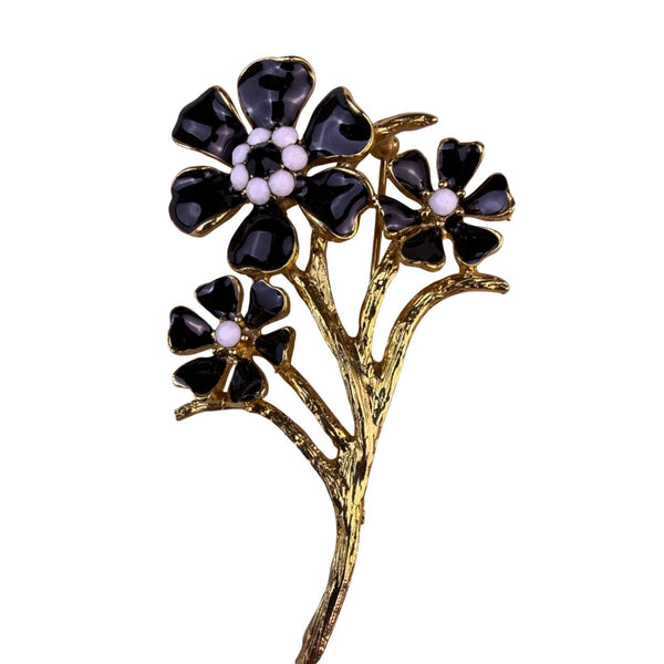 Catherine Stein Women Gold Tone Black Enamel Flower Bouquet Pin Brooch In Box