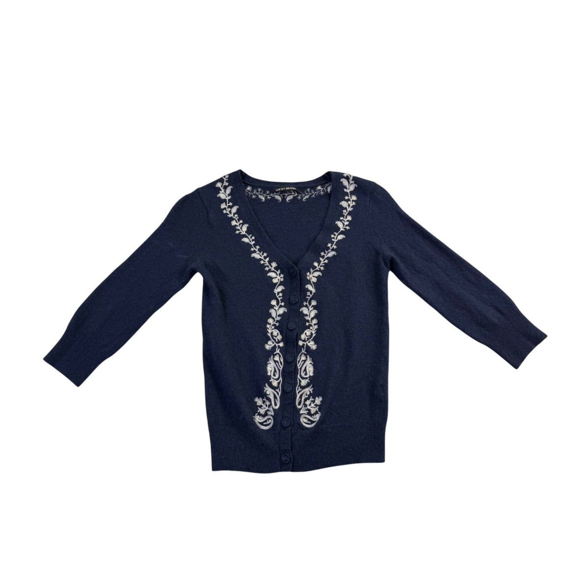 Lucky Brand Womens Navy Embroidered Button-Up Cardigan Size S