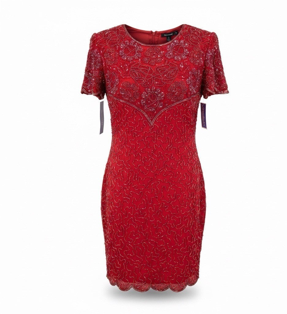 Swee Lo Womens Red Silk Beaded Cocktail Party Dress Rayon Lining Size L 10-12