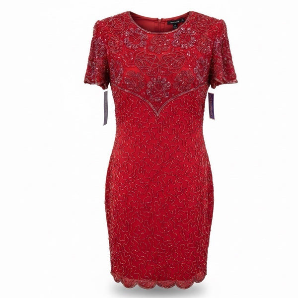 Swee Lo Womens Red Silk Beaded Cocktail Party Dress Rayon Lining Size L 10-12