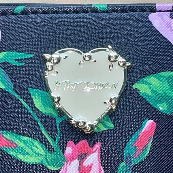 Betsey Johnson Women’s Black & Pink Floral Print With Gold Heart Detail Clutch