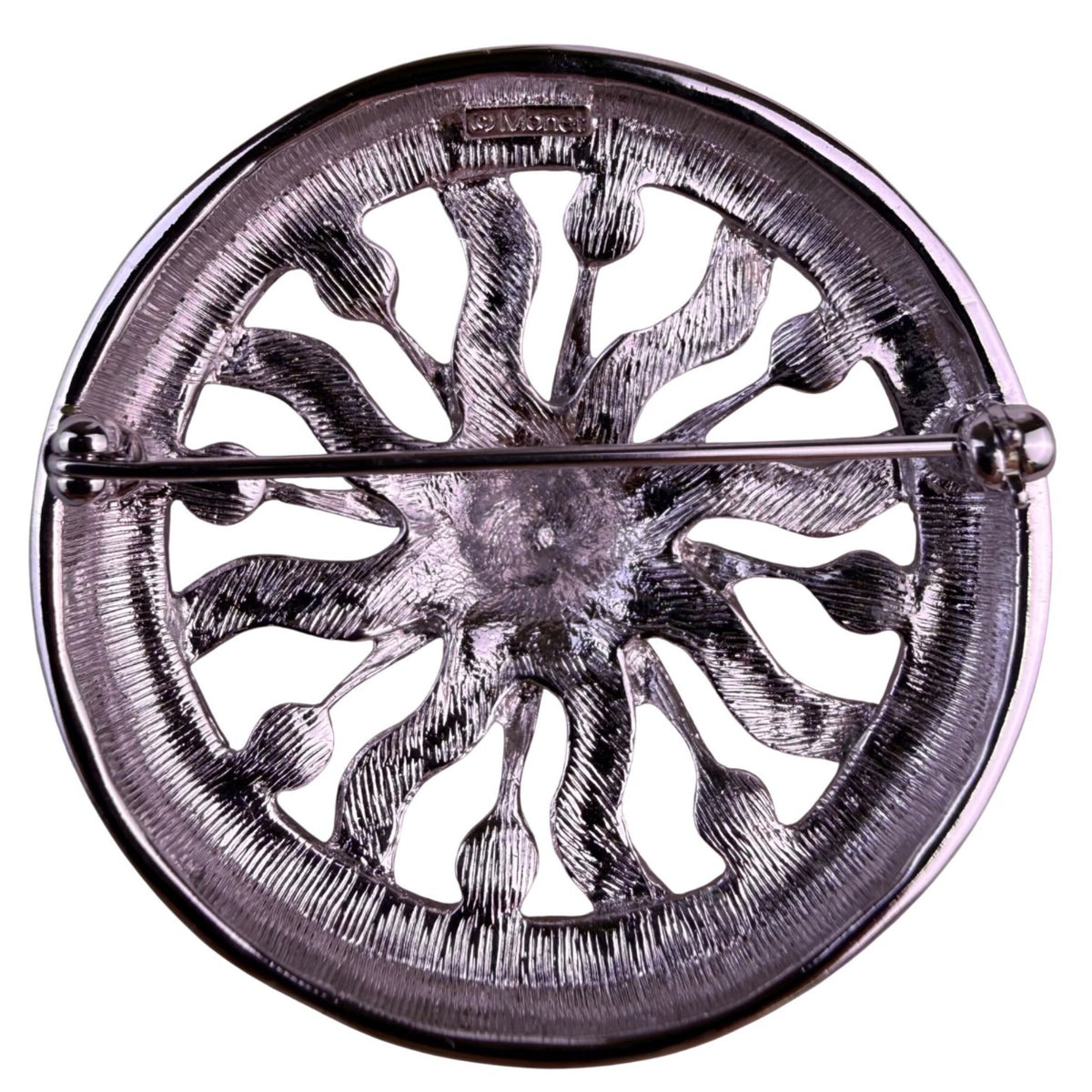 Monet Womens Silver Tone Metal Sunburst Brooch Vintage Filigree Circular Design