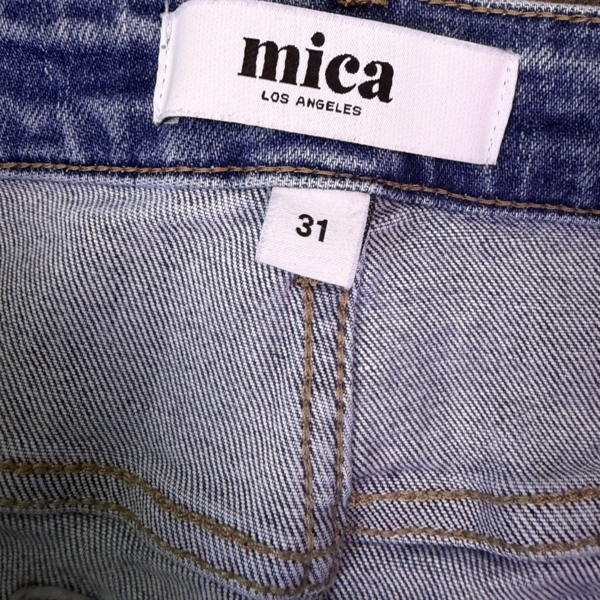 Mica Womens Blue Denim Frayed Hem Flared Jeans Comfortable Stretch Size 31