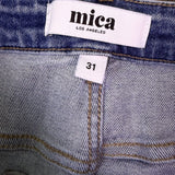 Mica Womens Blue Denim Frayed Hem Flared Jeans Comfortable Stretch Size 31