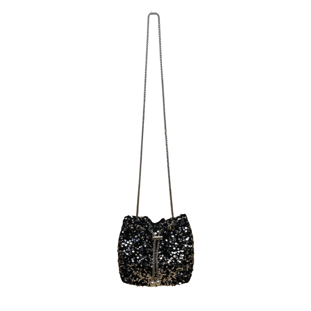 Women’s Black & Silver Sequined With Drawstring Chain Strap Purse