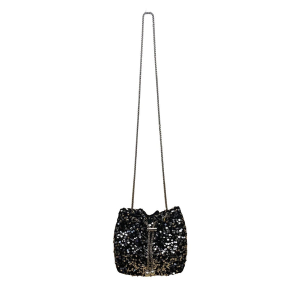 Women’s Black & Silver Sequined With Drawstring Chain Strap Purse