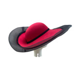 Wide Brim Red & Black Wool Fascinator Hat With Mesh Flower Detail Vintage Style