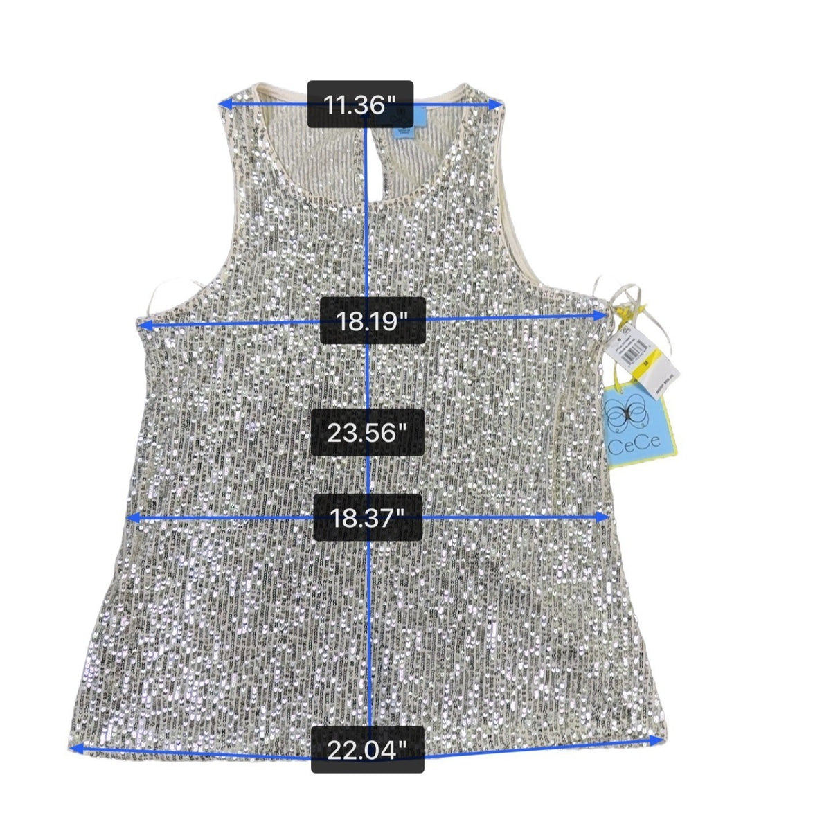 Cece Womens Silver Sequin Top Sleeveless Crew Neck Size M