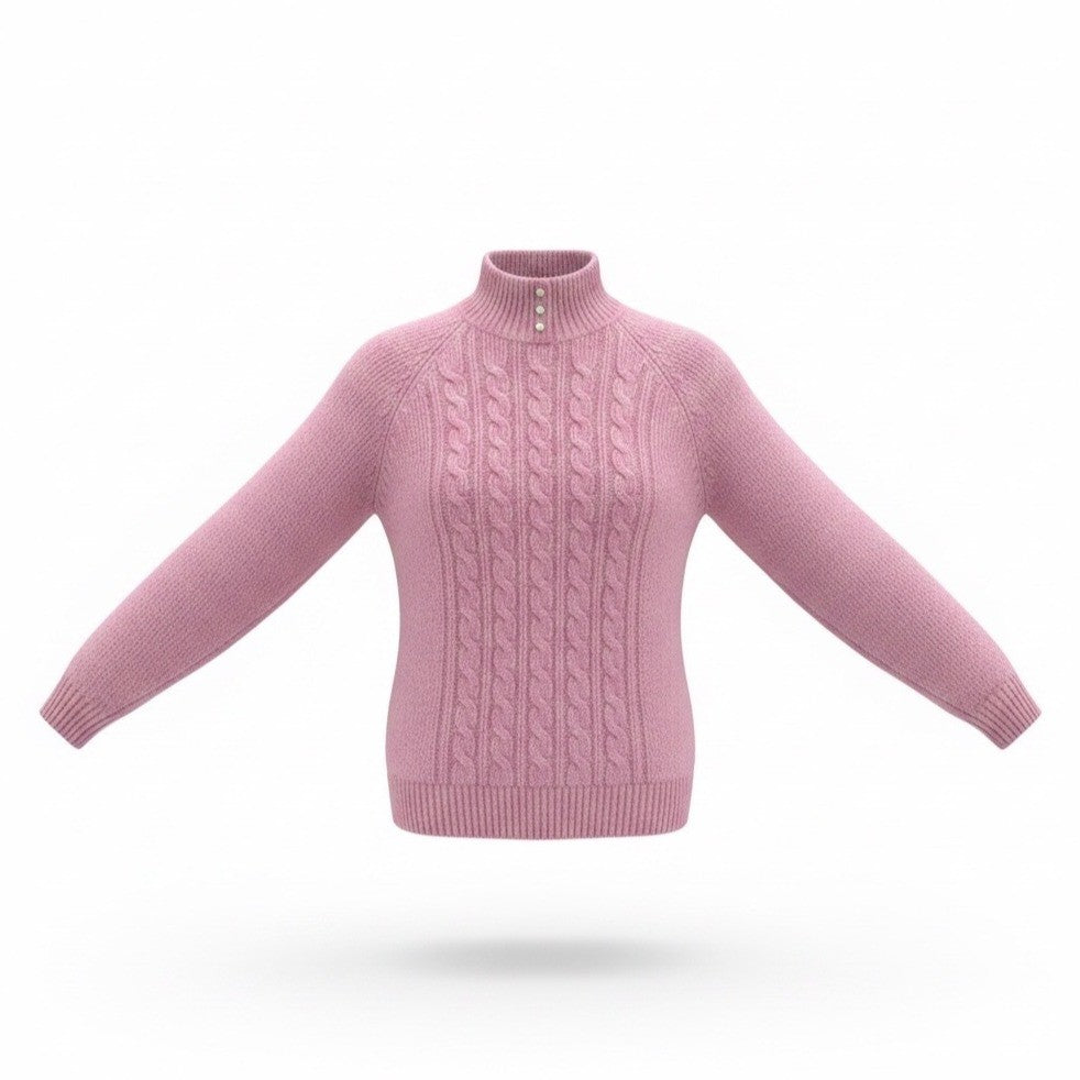 Karen Scott Women’s Pink Cable Knit Sweater Pearl Button Mock Neck Size L
