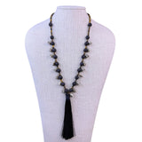 Statement Necklace Womens Black Lava Beads Silver-Tone Cat Charms Long Tassel