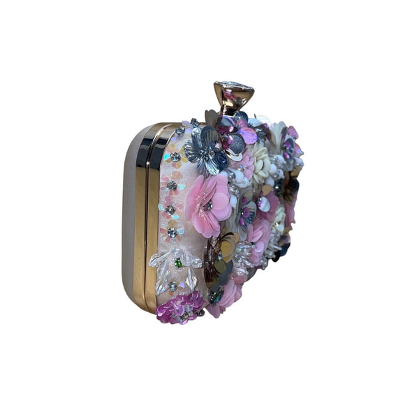 Women’s Pink Floral Embellishment With Chain Strap & Handle Clutch Purse