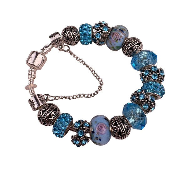 Sterling Silver Womens Blue Glass & Crystal Beaded Bracelet With Safety Chain