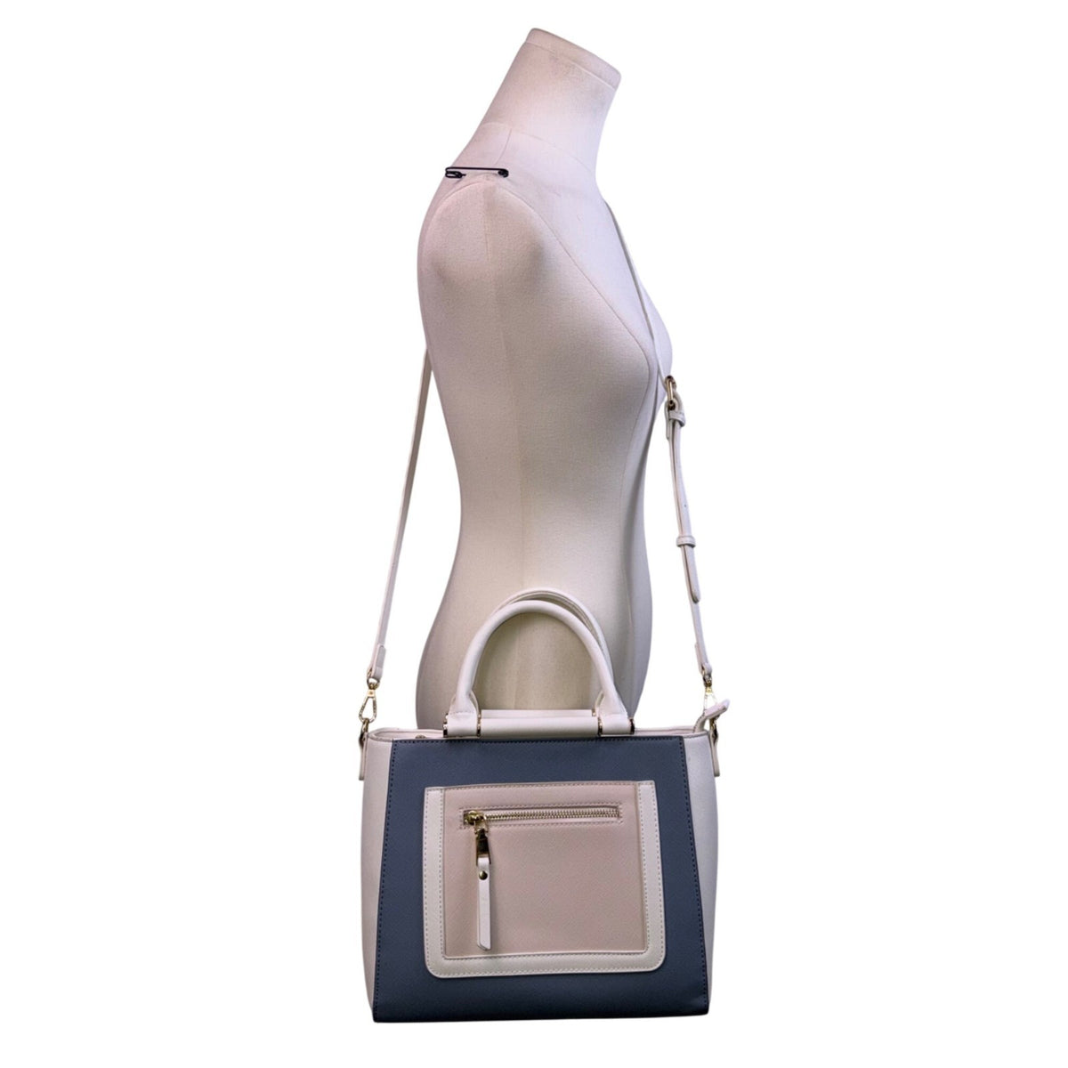 Madison West Women’s White & Blue Faux Leather Dual Handles Crossbody Satchel