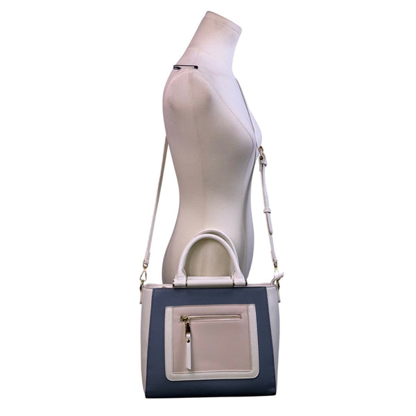 Madison West Women’s White & Blue Faux Leather Dual Handles Crossbody Satchel