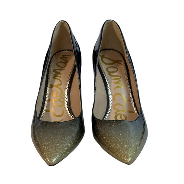 Sam Edelman Hazel Pump Pointed Toe Stiletto Black Gold Sparkle High Heels Sz 9.5