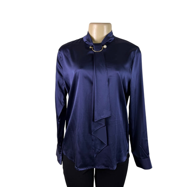 LILYSILK Womens Navy Blue Silk Long Sleeve Blouse With Tie Neck Detail Size M