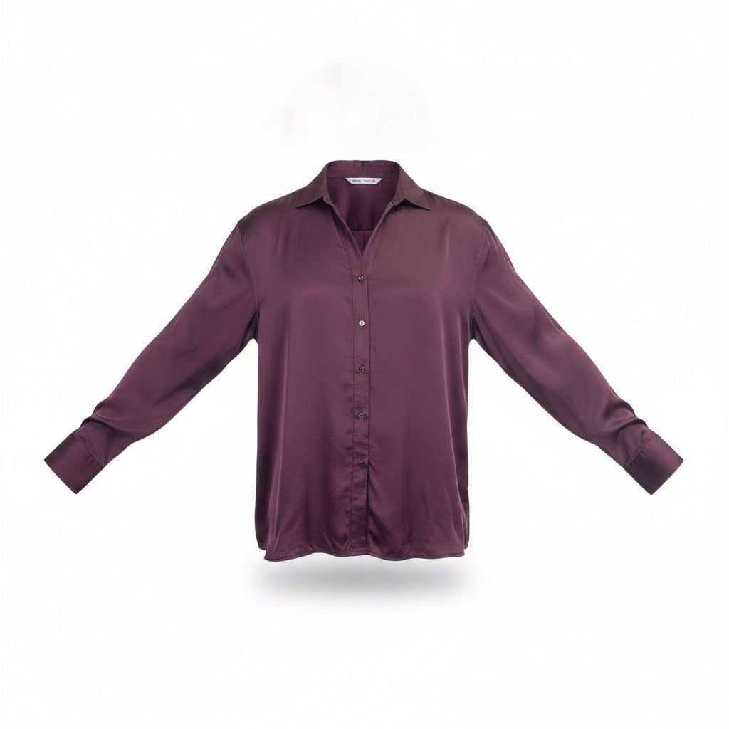 Zara Womens Purple Satin Button-Up Long-Sleeve Blouse Lightweight Sz XL 