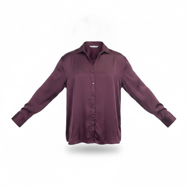 Zara Womens Purple Satin Button-Up Long-Sleeve Blouse Lightweight Sz XL 