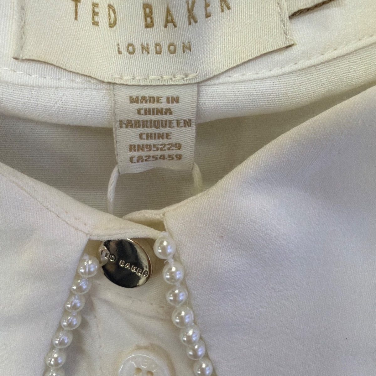 Ted Baker Womens White Button-Up Shirt With Pearl-Embellished Collar Sz 2