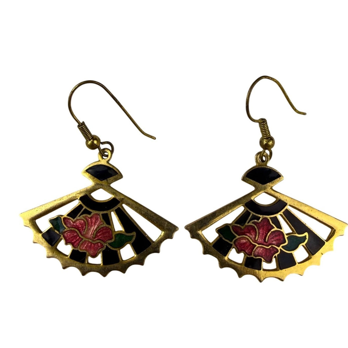 Vintage Gold Tone Enamel Fan Earrings Pink Floral Black Accents Lightweight