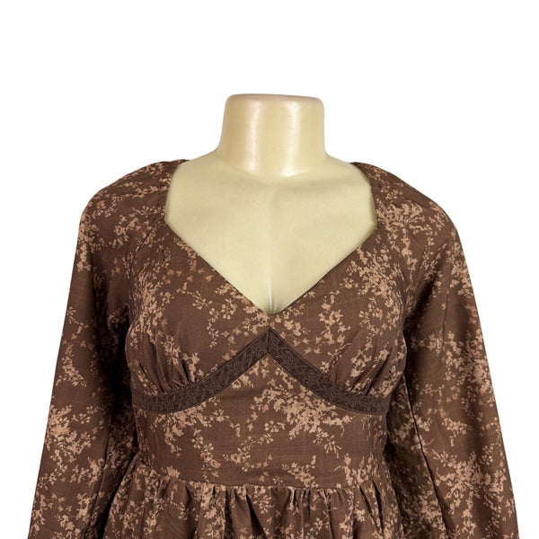 Altard State Womens Brown Cotton Floral Print Long Sleeve Tiered Mini Dress Sz M