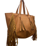 Expressions NYC Women’s Camel Brown Faux Leather Double Handle Fringe Tote Bag
